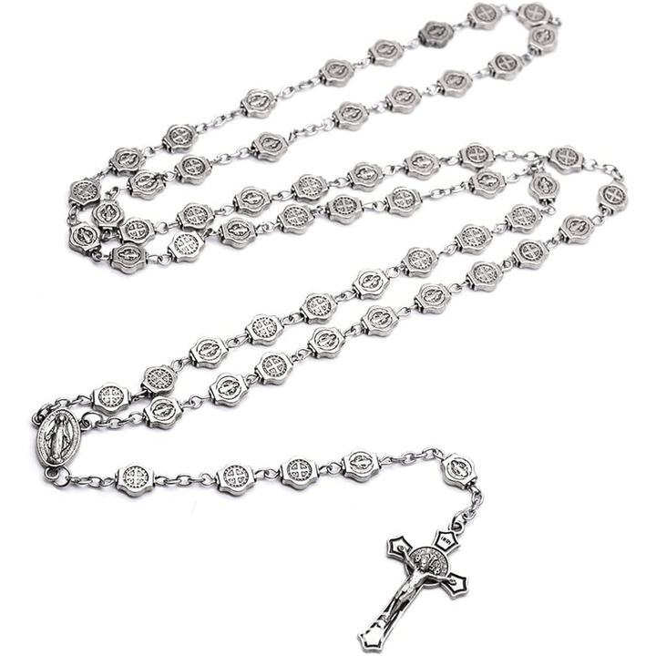 St. Benedict Medal & Crucifix of 8 mm Polyhedron Silver Metal Alloy Chain Rosary - image 4