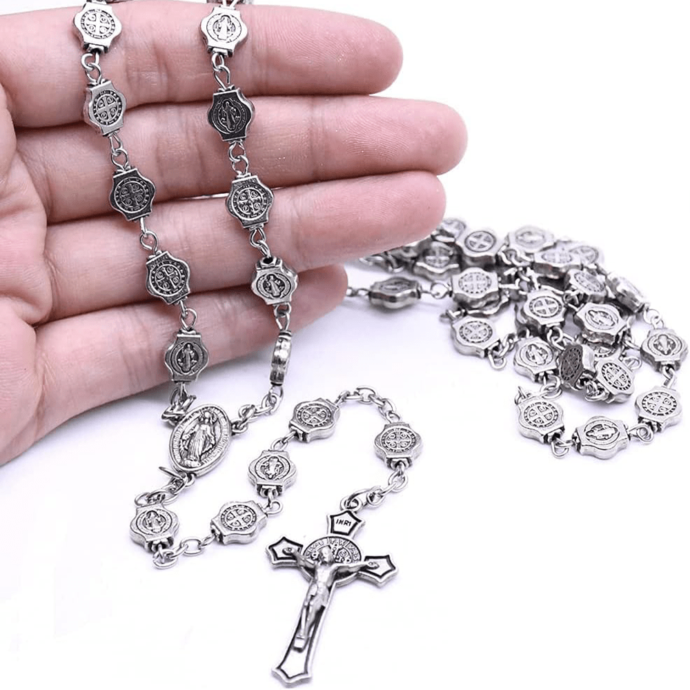St. Benedict Medal & Crucifix of 8 mm Polyhedron Silver Metal Alloy Chain Rosary - Silver - image 1