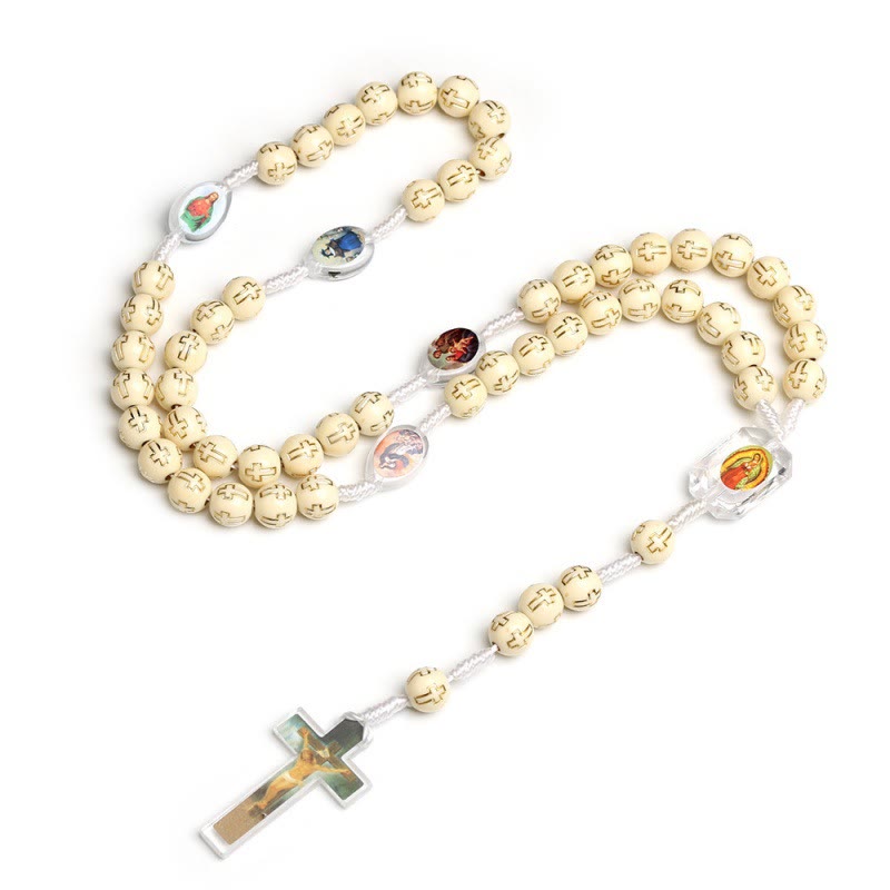 Crucifix of 10 mm Round Multicolor Acrylic Nylon Cord Rosary - Beige - image 2