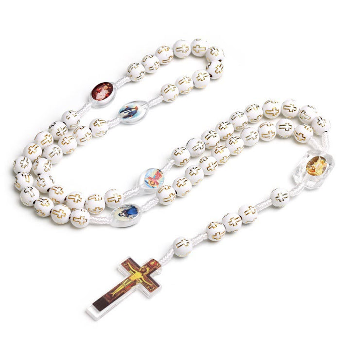 Crucifix of 10 mm Round Multicolor Acrylic Nylon Cord Rosary - White - image 17