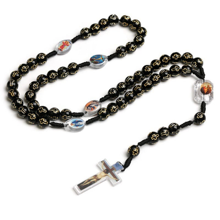 Crucifix of 10 mm Round Multicolor Acrylic Nylon Cord Rosary - Black - image 16
