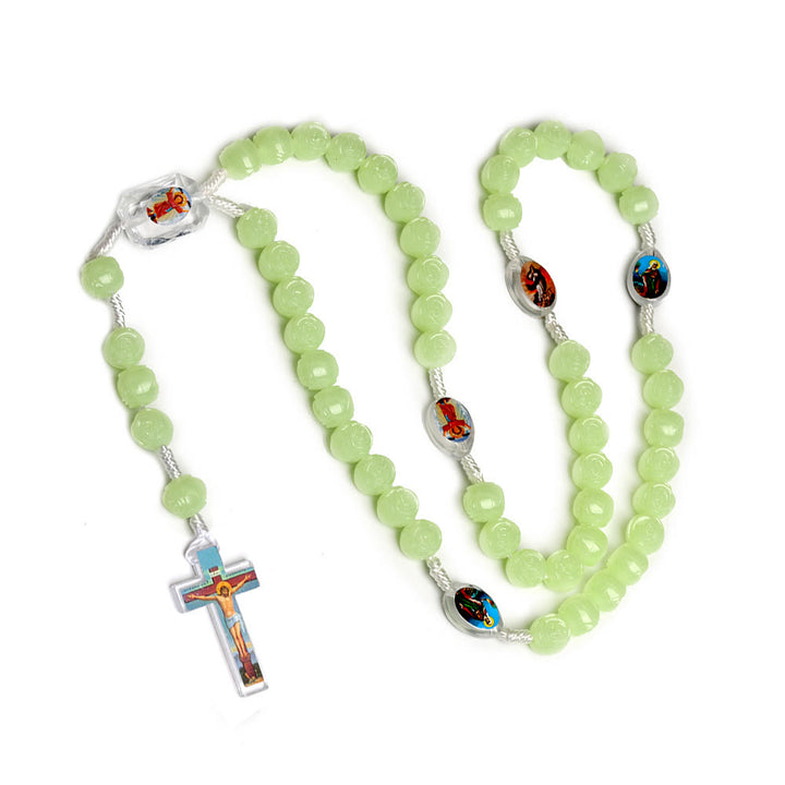 Crucifix of 10 mm Rose Luminous Green Resin Nylon Cord Rosary - Glow in Night - image 1
