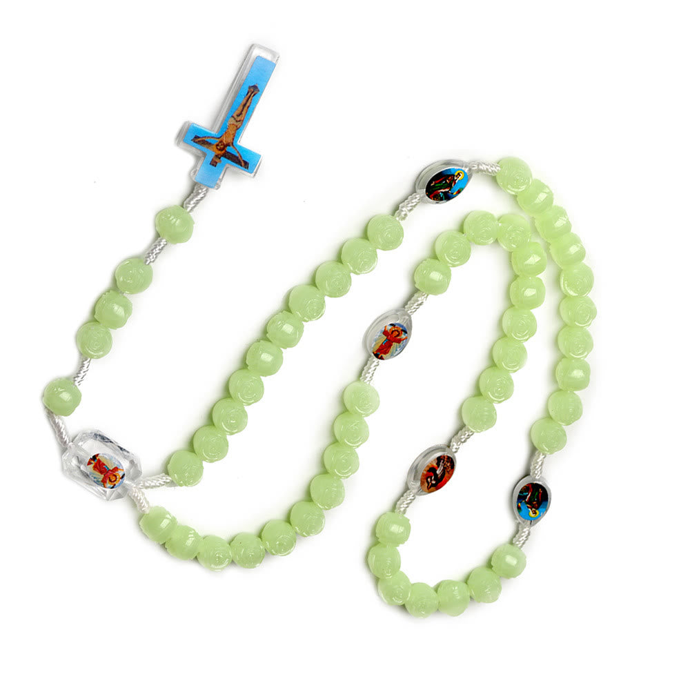 Crucifix of 10 mm Rose Luminous Green Resin Nylon Cord Rosary - image 6
