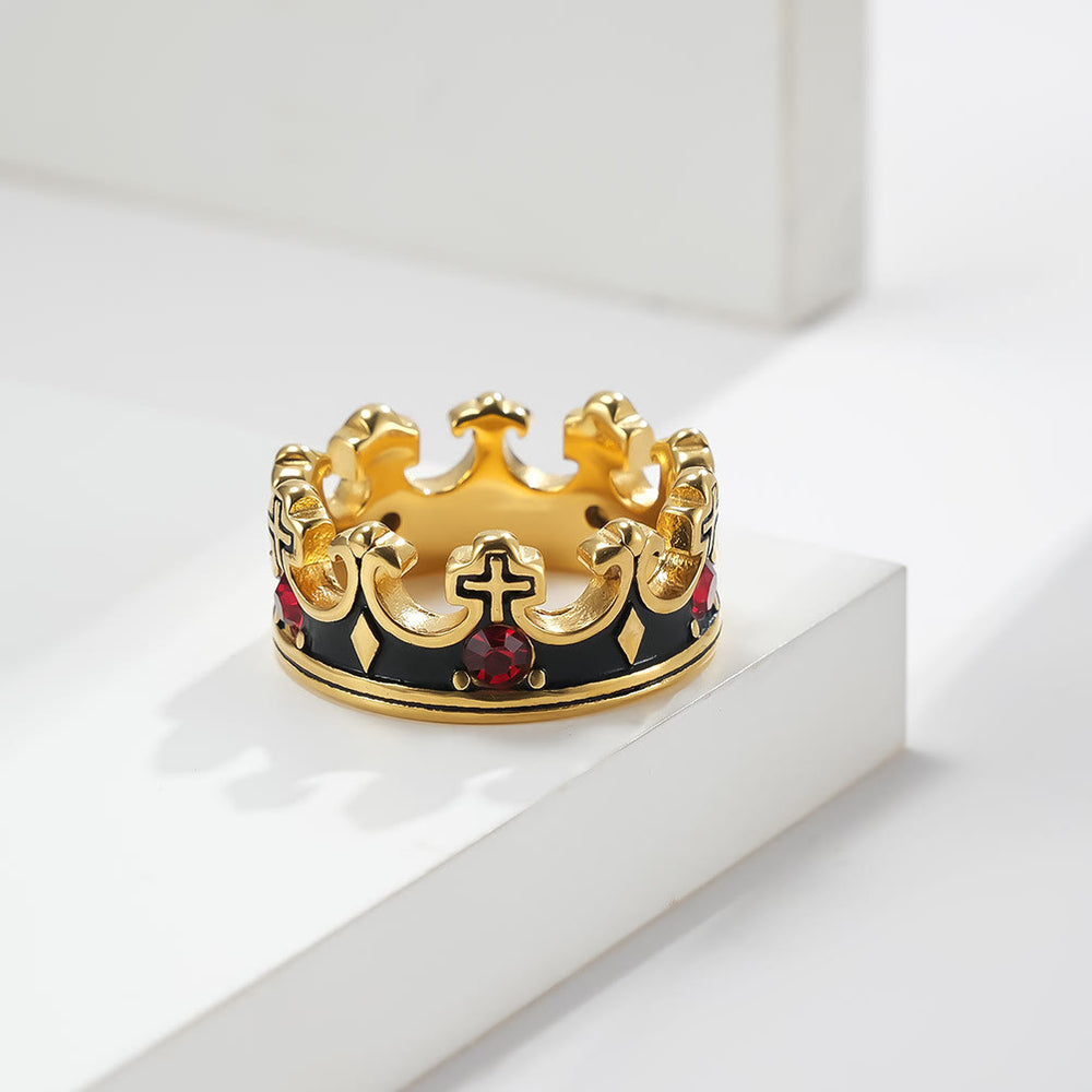 Retro Style Red Gem Papal Crown Cross Titanium Ring - Golden - US13 - image 2