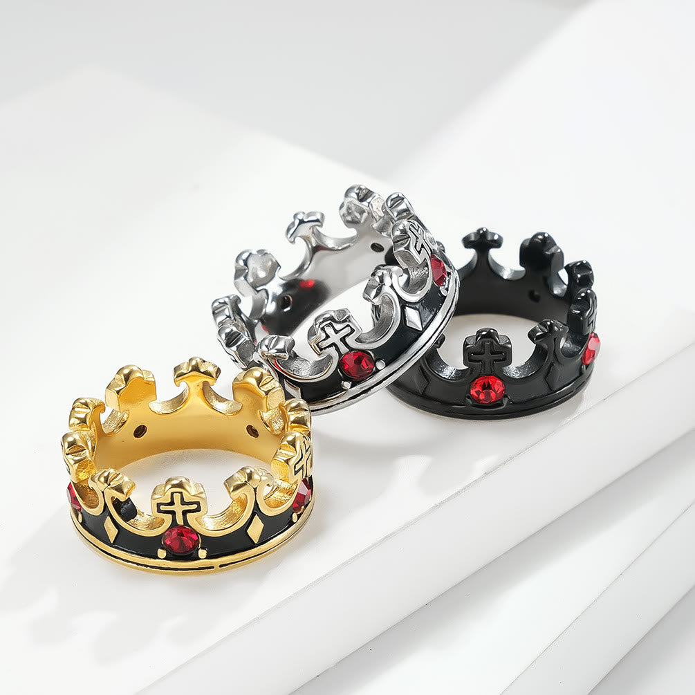 Retro Style Red Gem Papal Crown Cross Titanium Ring - Golden - US8 - image 1
