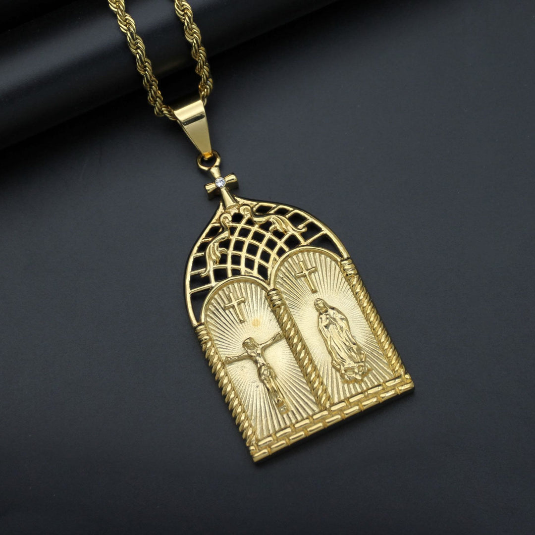 Classic Style Jesus & Our Lady Church Door Necklace - Non-Gem - image 1