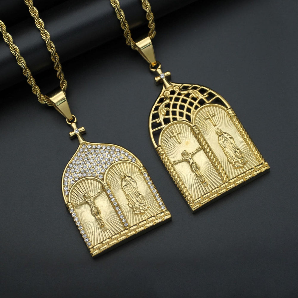 Classic Style Jesus & Our Lady Church Door Necklace - image 1