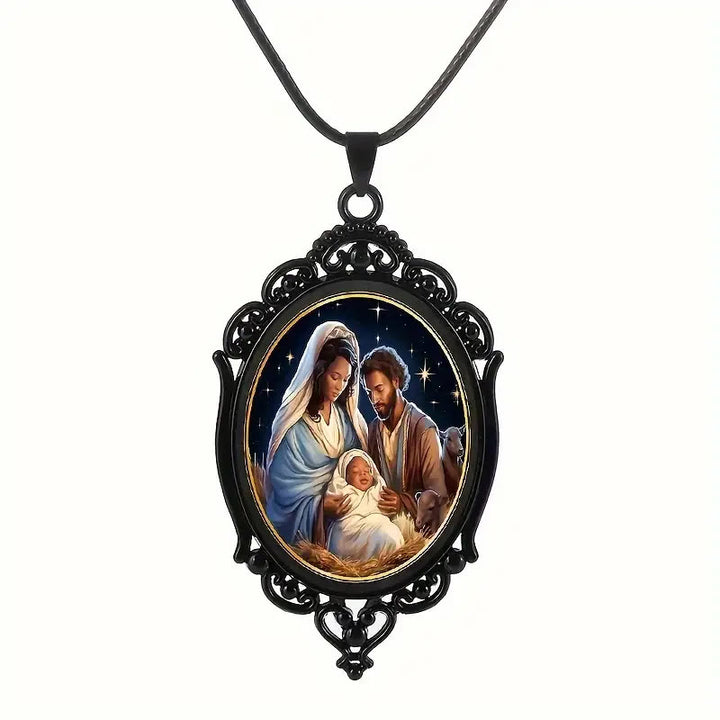Christian Art Gothic Style Black Vintage Border Nativity Alloy Necklace - image 4