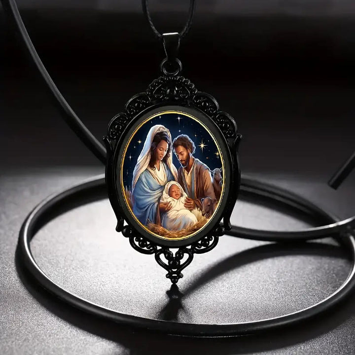 Christian Art Gothic Style Black Vintage Border Nativity Alloy Necklace - Black - image 1