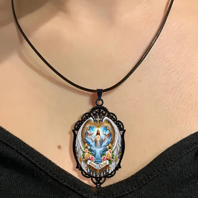 Gothic Style Vintage Border Jesus Our Father Colorful Necklace - image 1