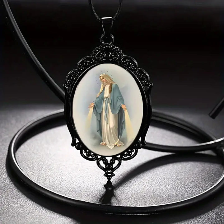 Christian Art Gothic Style Vintage Border Our Lady of Grace Necklace - Black - image 0