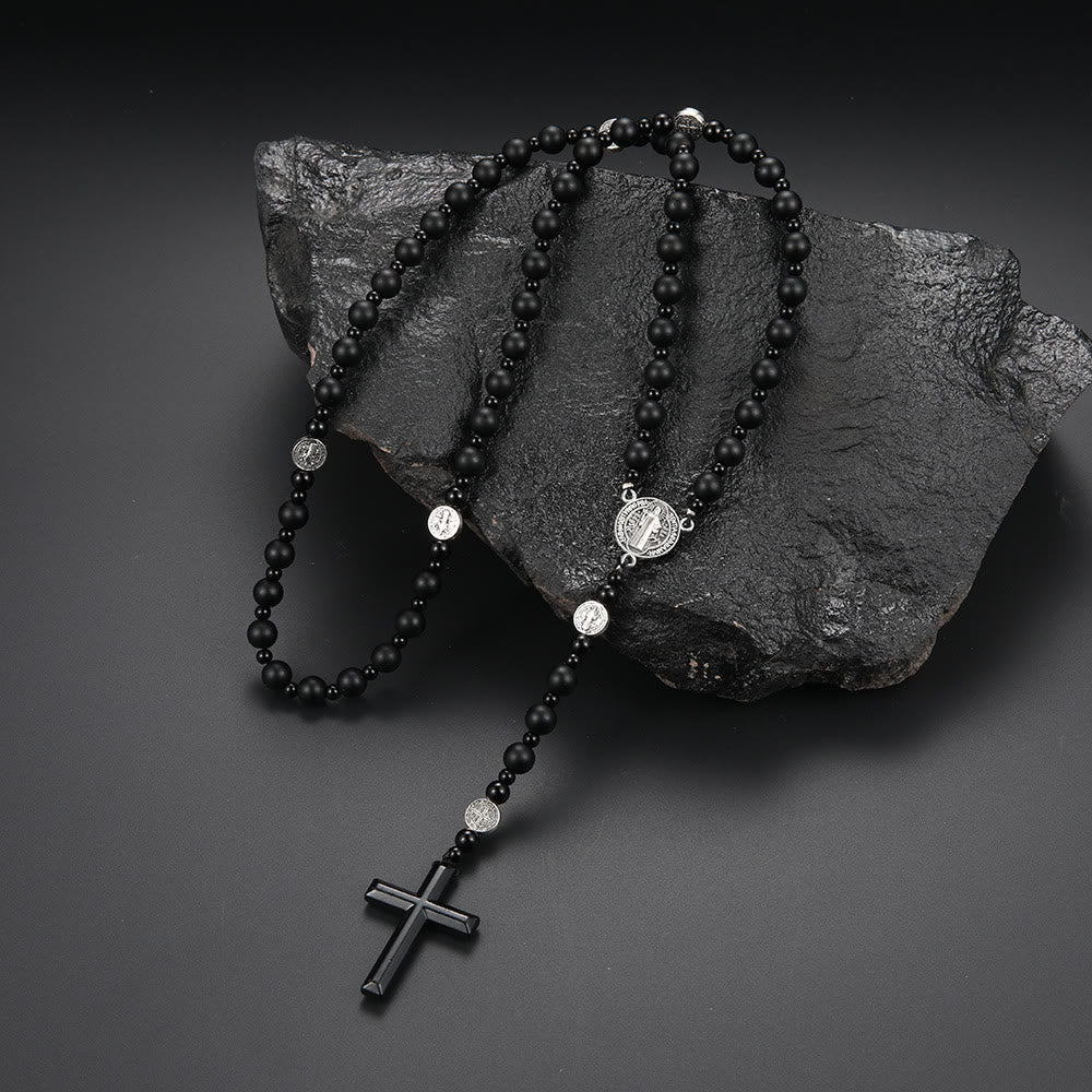 St. Benedict Medal & Cross of 8 mm Round Black Multi-material Nylon Cord Rosary - Black Agate - image 6