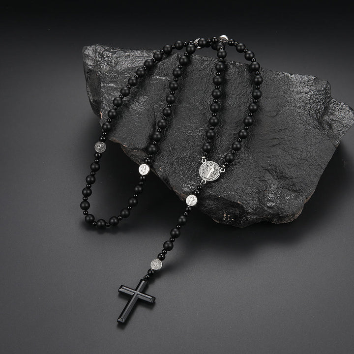 St. Benedict Medal & Cross of 8 mm Round Black Multi-material Nylon Cord Rosary - Black Agate - image 6