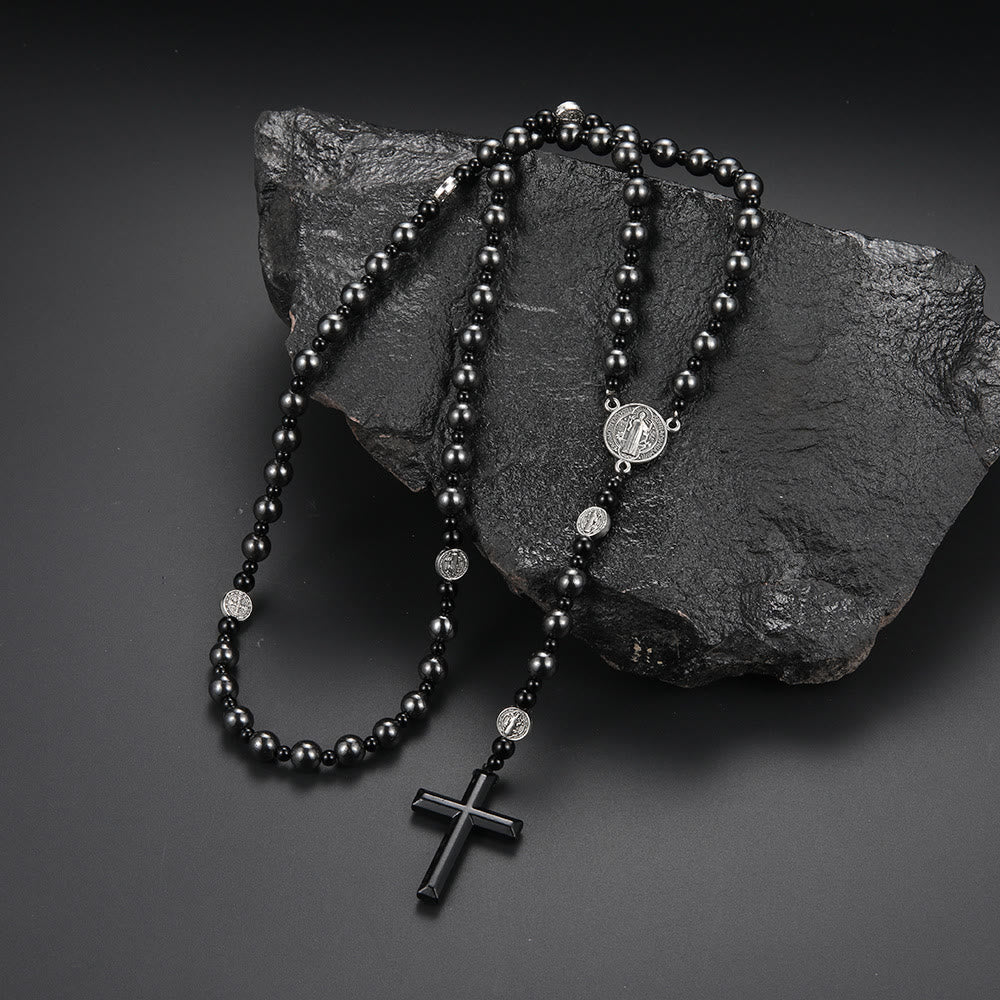 St. Benedict Medal & Cross of 8 mm Round Black Multi-material Nylon Cord Rosary - image 2