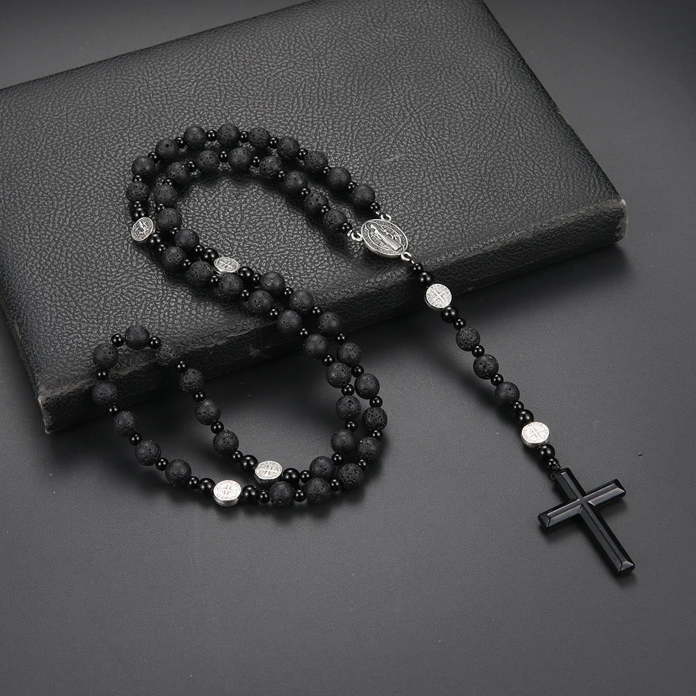 St. Benedict Medal & Cross of 8 mm Round Black Multi-material Nylon Cord Rosary - image 5