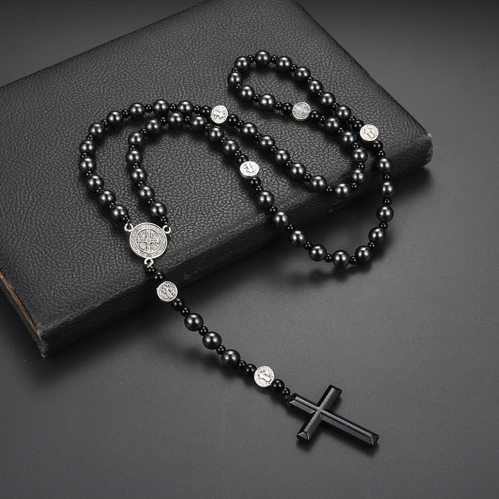 St. Benedict Medal & Cross of 8 mm Round Black Multi-material Nylon Cord Rosary - Gallstone-Cross - image 1