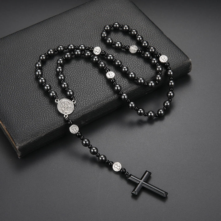 St. Benedict Medal & Cross of 8 mm Round Black Multi-material Nylon Cord Rosary - Gallstone-Cross - image 1