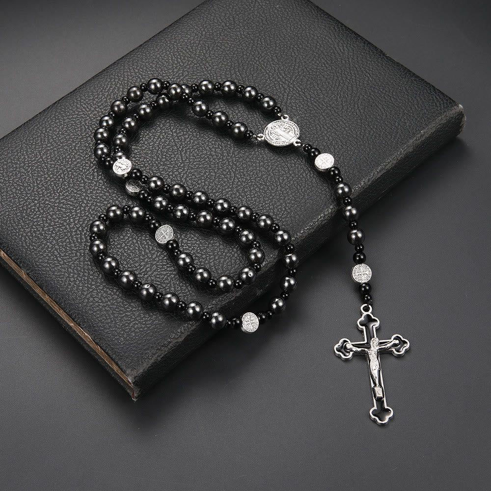 St. Benedict Medal & Cross of 8 mm Round Black Multi-material Nylon Cord Rosary - Gallstone-Crucifix - image 3