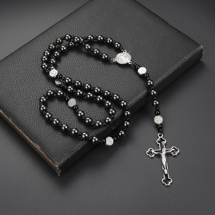 St. Benedict Medal & Cross of 8 mm Round Black Multi-material Nylon Cord Rosary - Gallstone-Crucifix - image 3