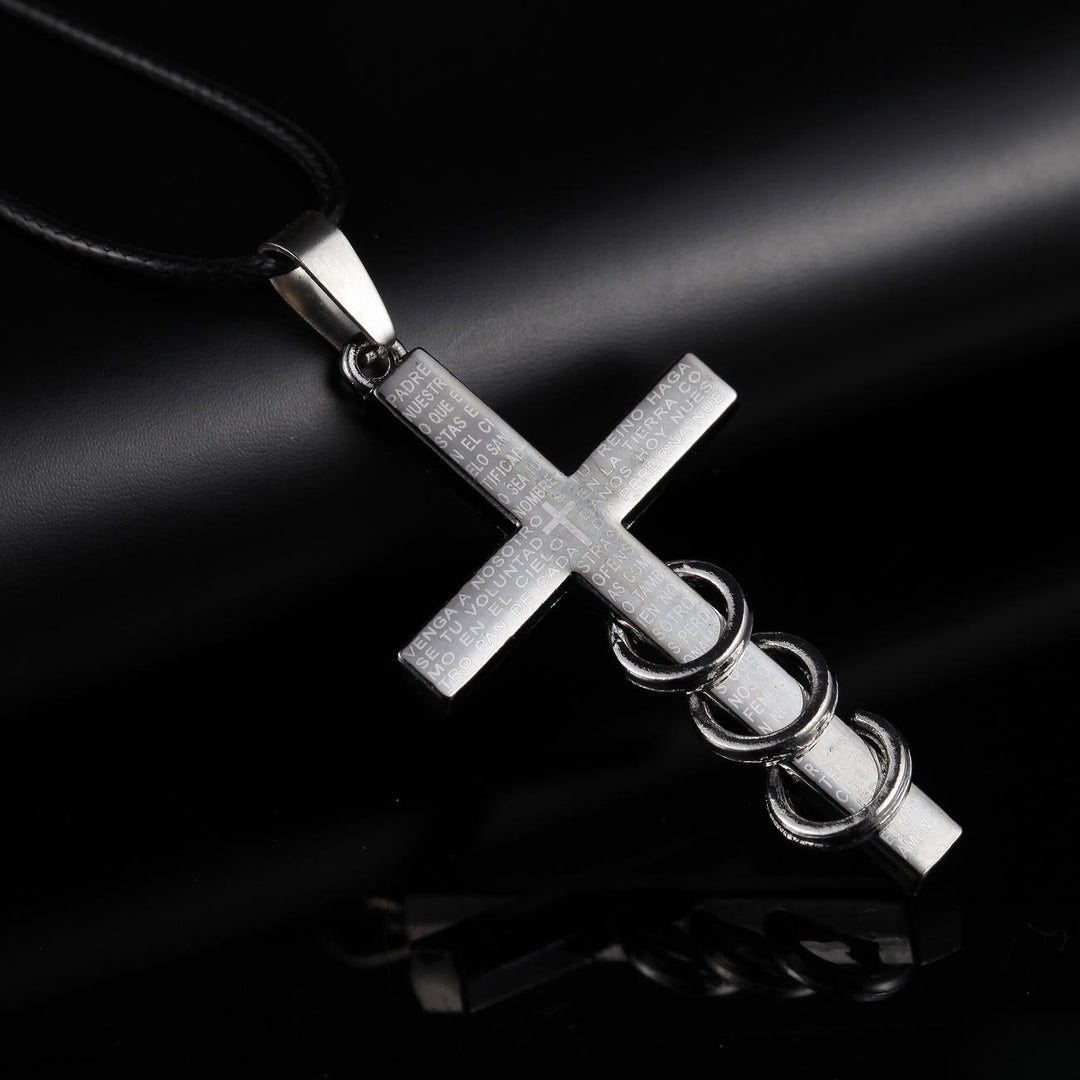 Minimalist Style Bible Verse Cross Pendant Titanium Necklace - Metallic - image 1