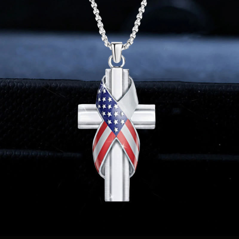 Christian Art Modern Style American Flag Icon Cross Pendant Alloy Necklace - Silver - image 1