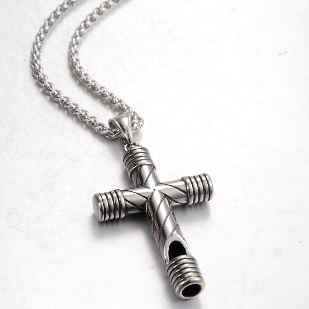 Christian Art Minimalist Style Functional Whistle Cross Titanium Necklace - Metallic - image 1