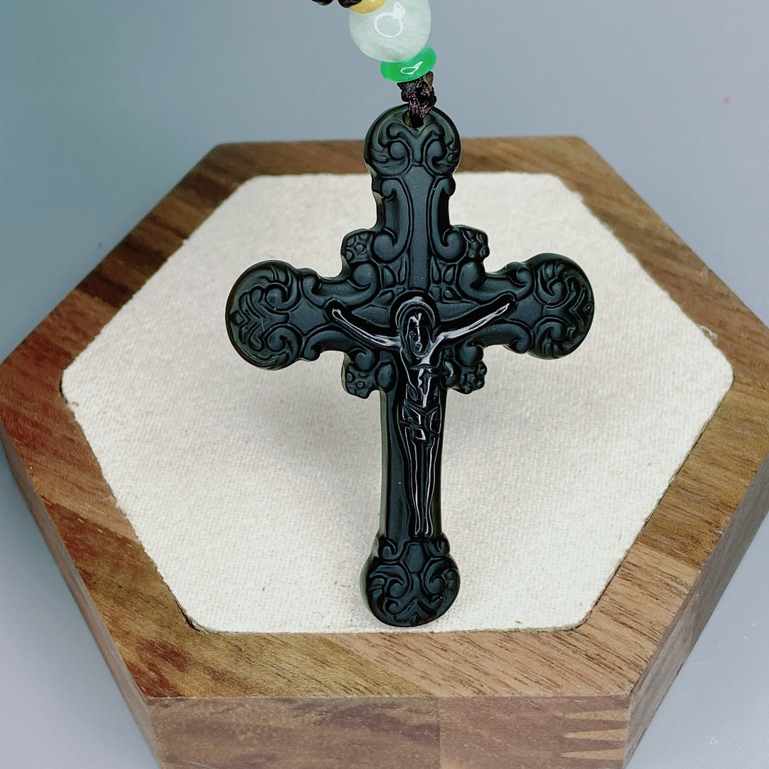 Christian Art Classic Style Crafted Obsidian Crucifix Pendant Necklace - Black - image 1
