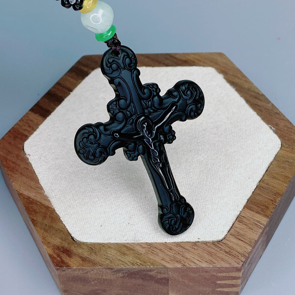 Christian Art Classic Style Crafted Obsidian Crucifix Pendant Necklace - image 2