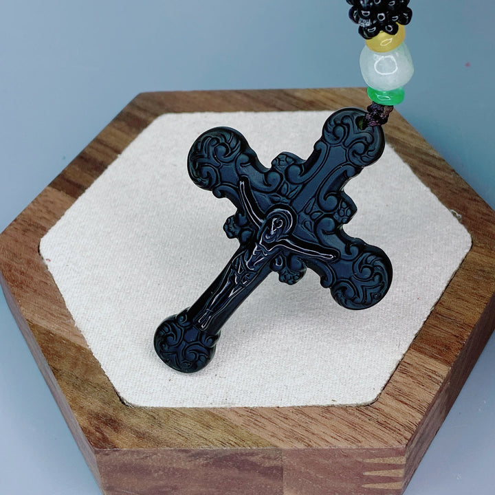 Christian Art Classic Style Crafted Obsidian Crucifix Pendant Necklace - image 3