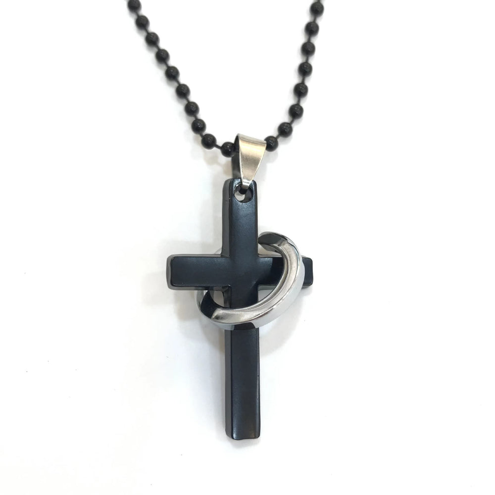 Christian Art Minimalist Style Cross Ring Black Pendant Alloy Necklace - image 2