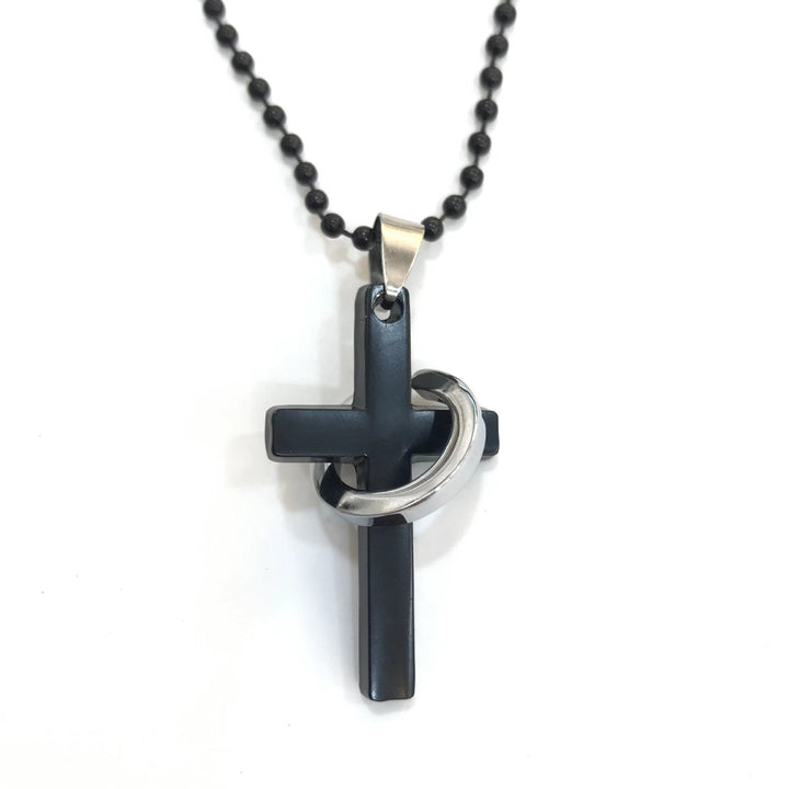 Christian Art Minimalist Style Cross Ring Black Pendant Alloy Necklace - image 2