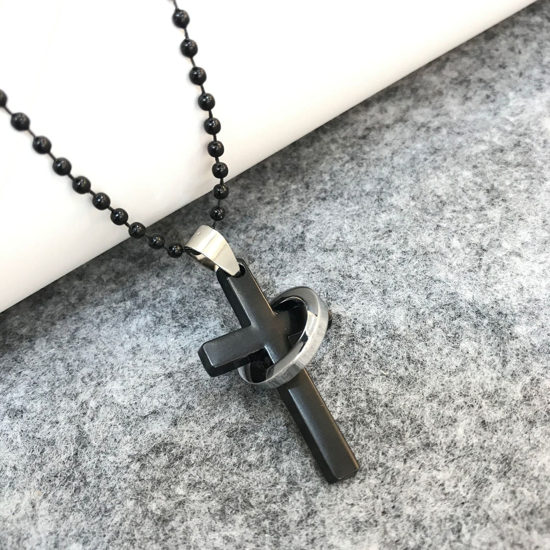 Christian Art Minimalist Style Cross Ring Black Pendant Alloy Necklace - Black - image 1