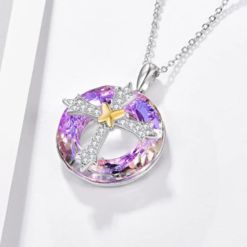 Christian Art Modern Style Friendship Blessing Cross Bowknot Crystal Necklace - image 2