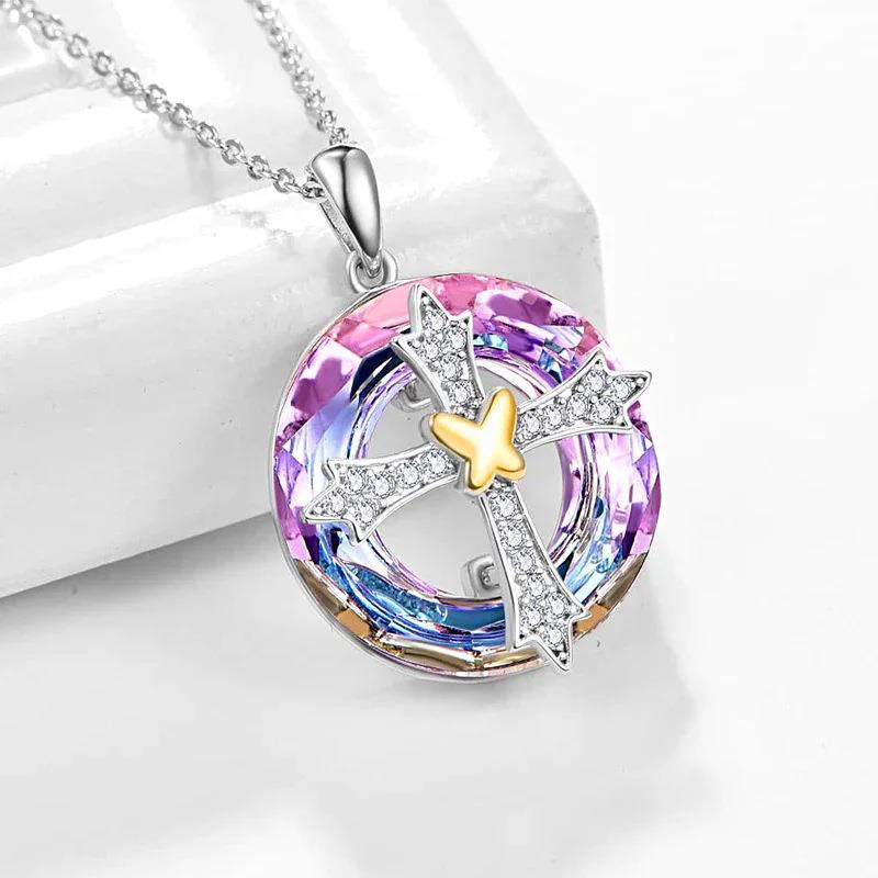 Christian Art Modern Style Friendship Blessing Cross Bowknot Crystal Necklace - Purple - image 1