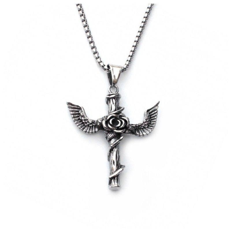 Retro Style Wings Rose Cross Pendant Titanium Necklace - image 4