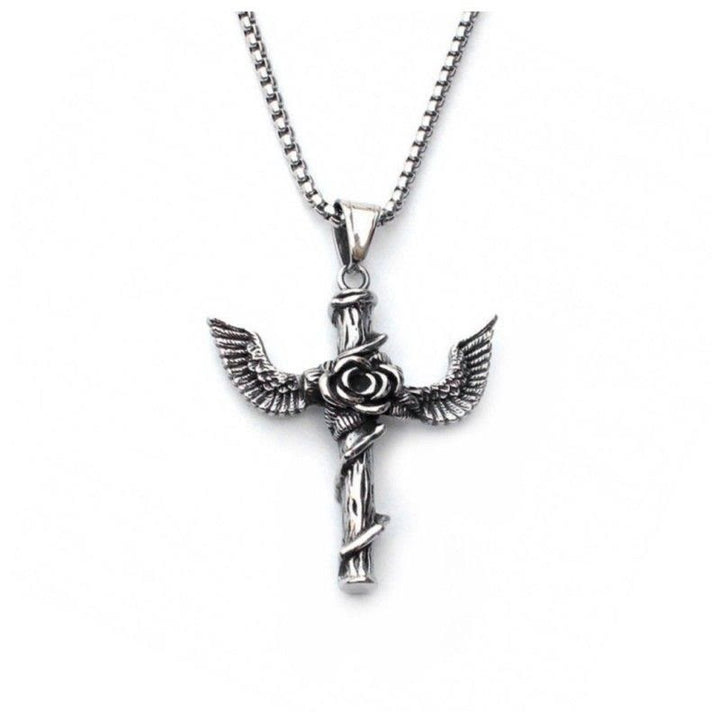 Retro Style Wings Rose Cross Pendant Titanium Necklace - image 4