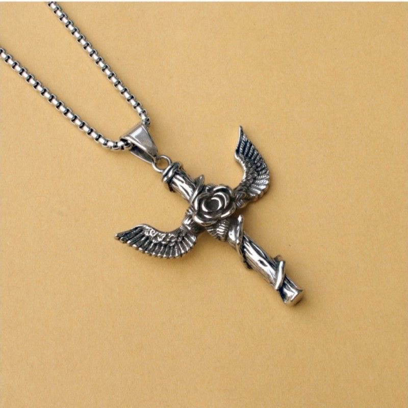 Retro Style Wings Rose Cross Pendant Titanium Necklace - Rose Wings - image 1