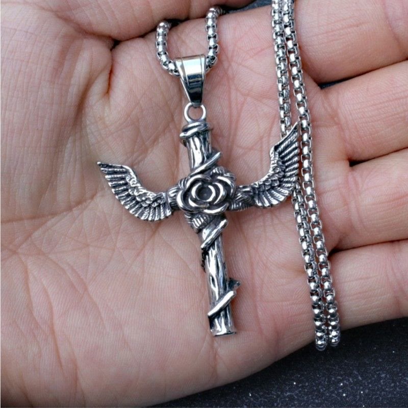 Retro Style Wings Rose Cross Pendant Titanium Necklace - image 2