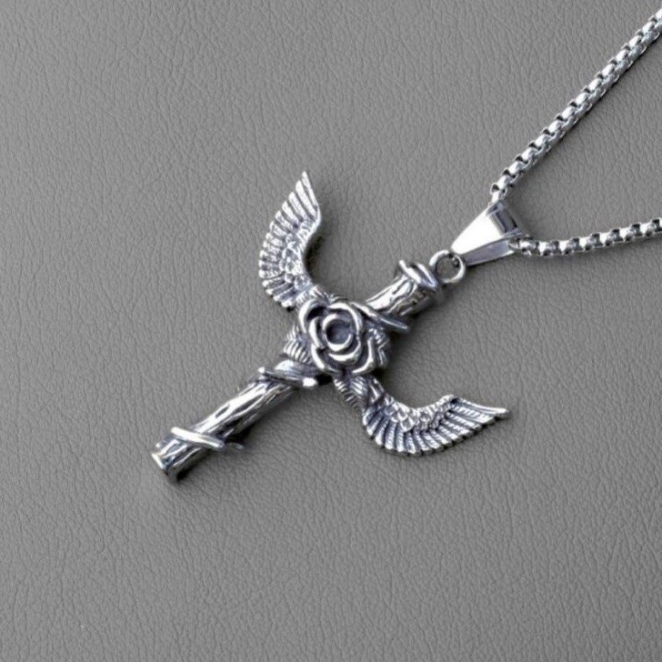 Retro Style Wings Rose Cross Pendant Titanium Necklace - image 2