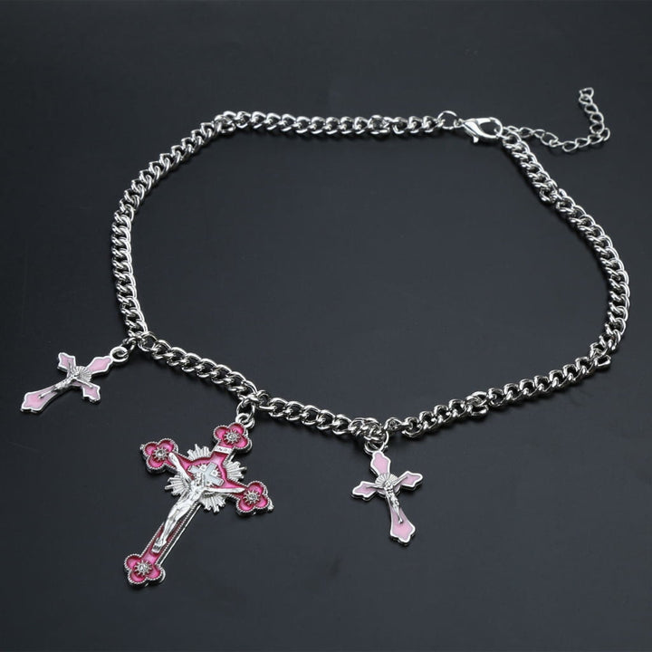 Classic Style Colorful Crafted Triple Crucifix Pendant Chain Necklace - image 3