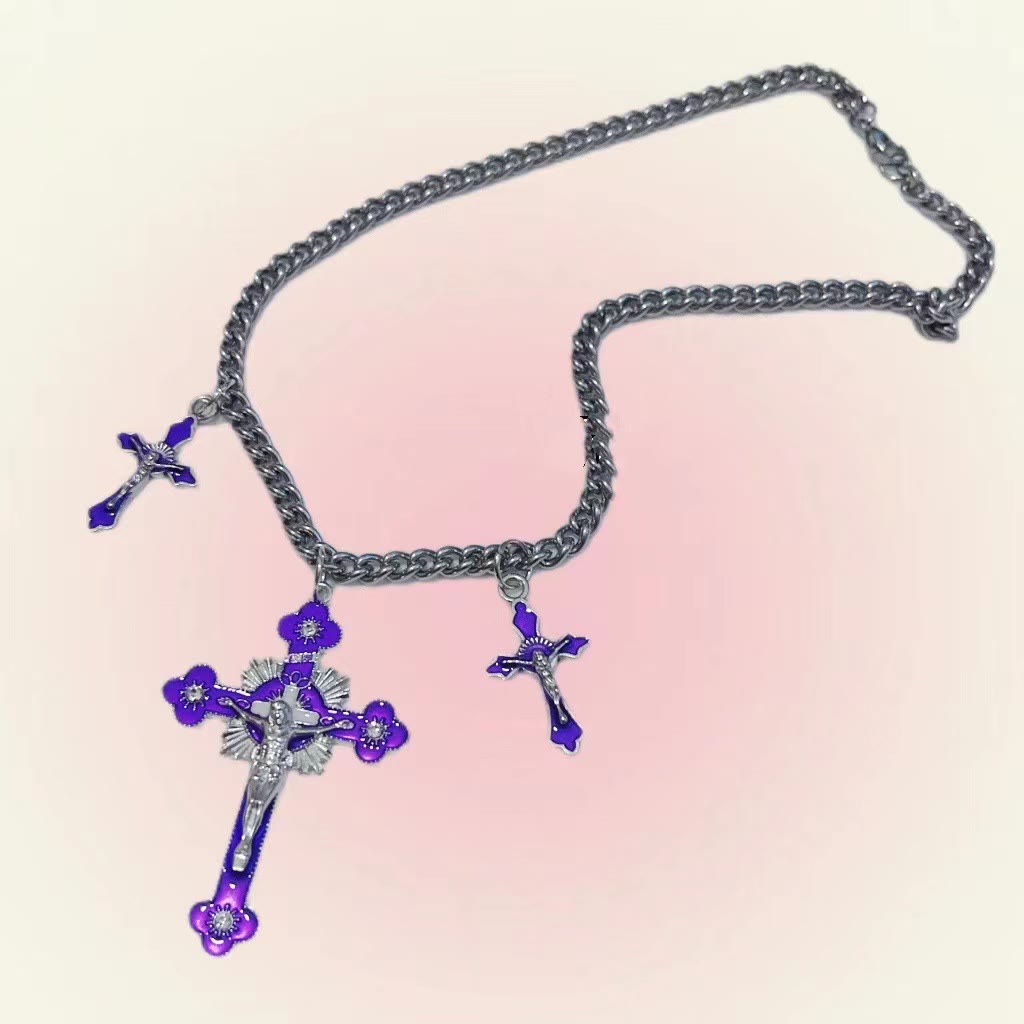 Classic Style Colorful Crafted Triple Crucifix Pendant Chain Necklace - Purple - image 4