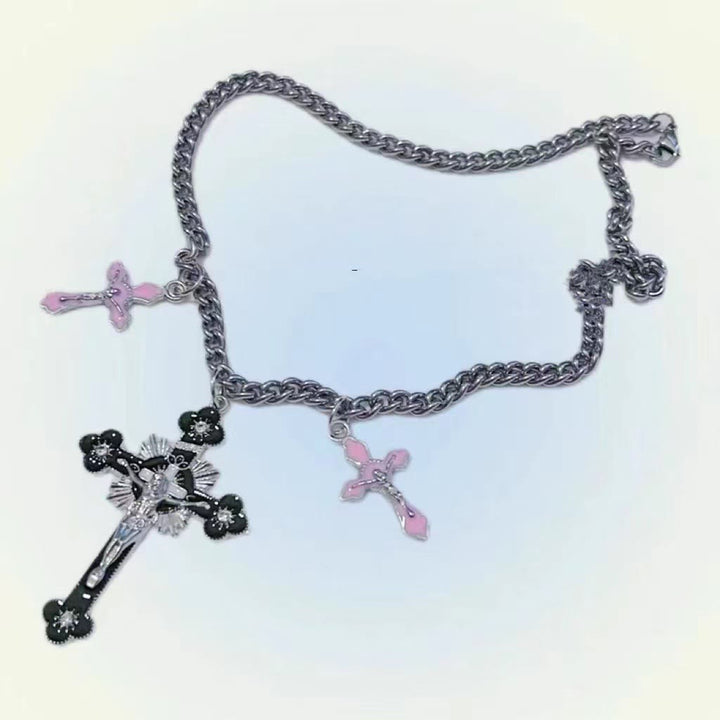 Classic Style Colorful Crafted Triple Crucifix Pendant Chain Necklace - Black - image 5