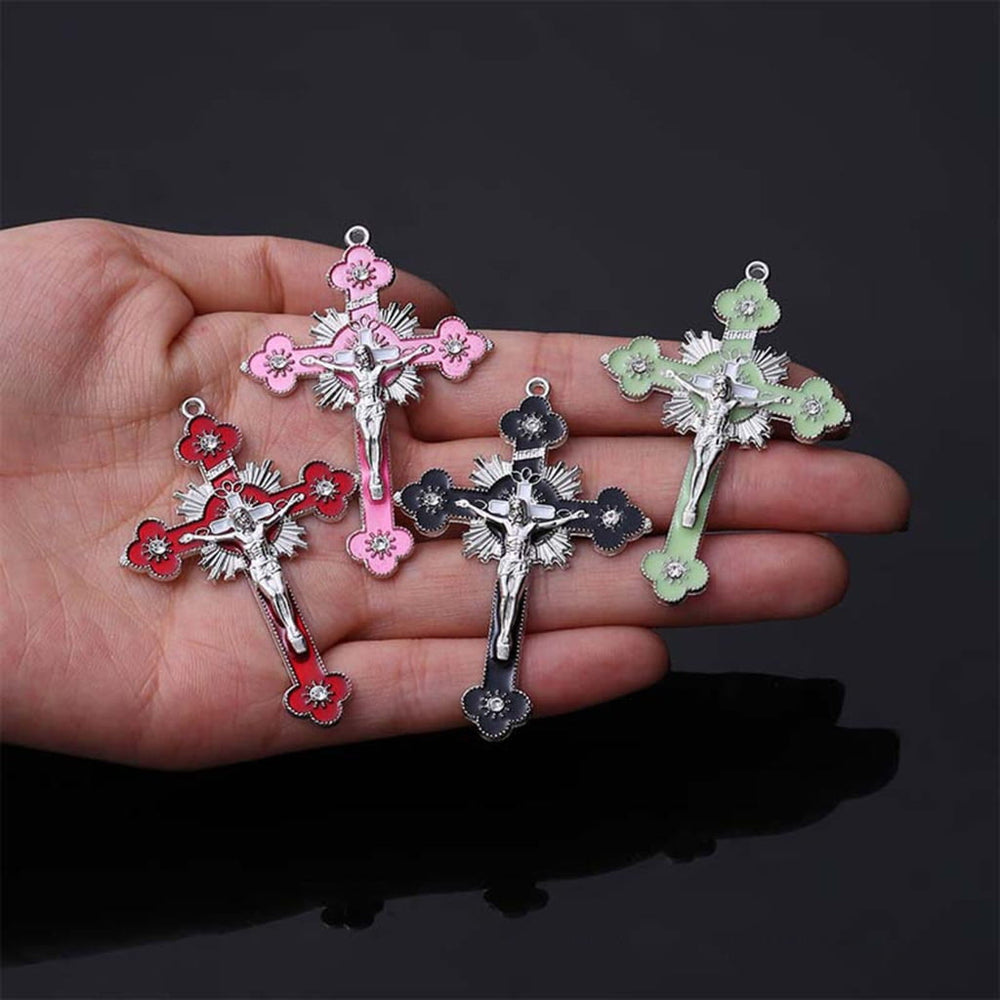 Classic Style Colorful Crafted Triple Crucifix Pendant Chain Necklace - image 2