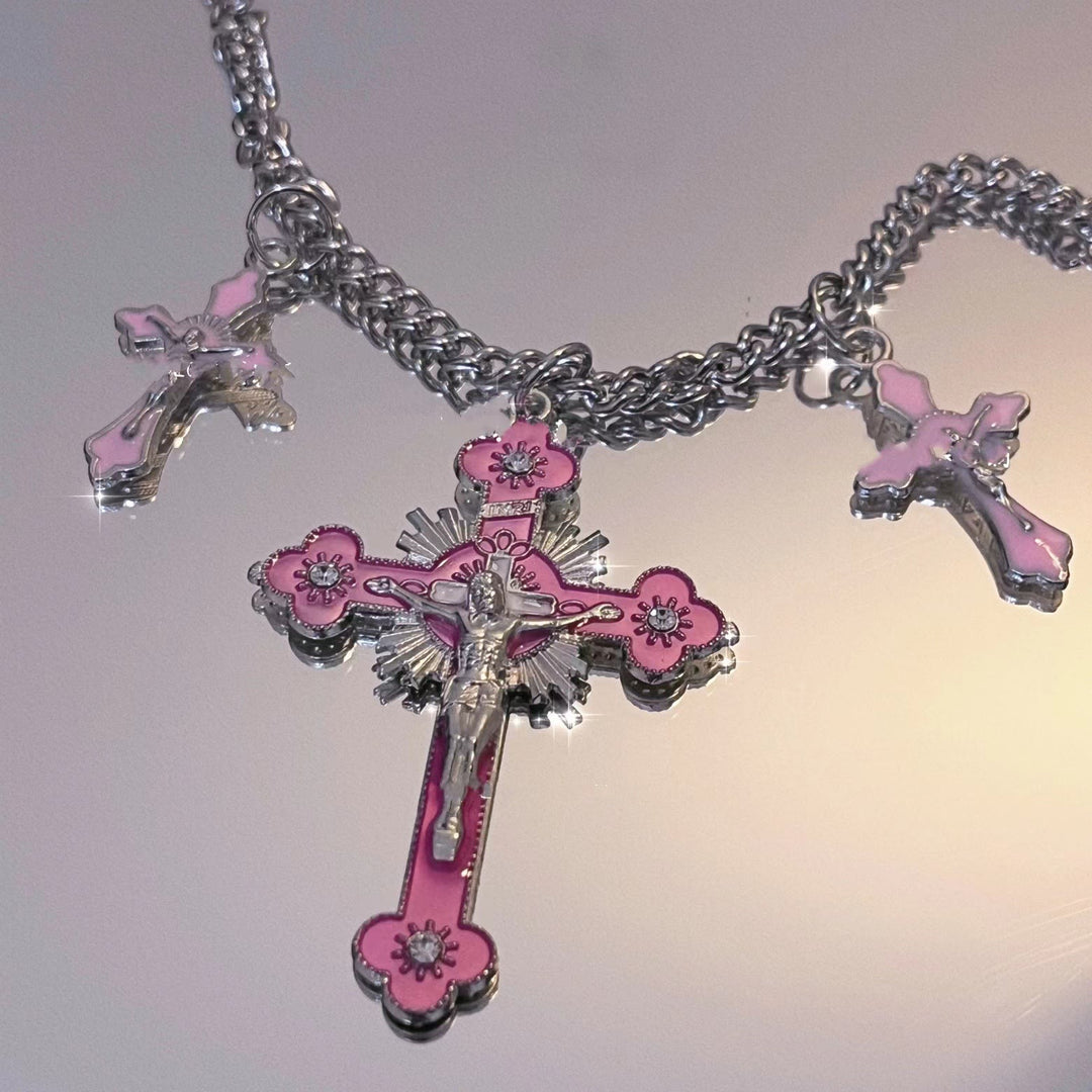 Classic Style Colorful Crafted Triple Crucifix Pendant Chain Necklace - Pink - image 1