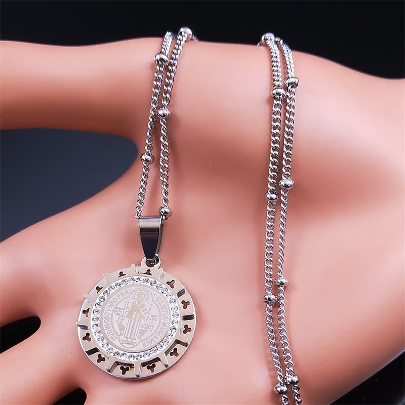 Retro Style Gem-set St. Benedict Medal Pendant Necklace - image 4