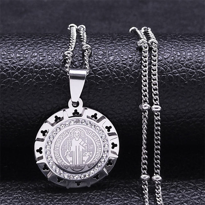 Retro Style Gem-set St. Benedict Medal Pendant Necklace - Silver - image 0