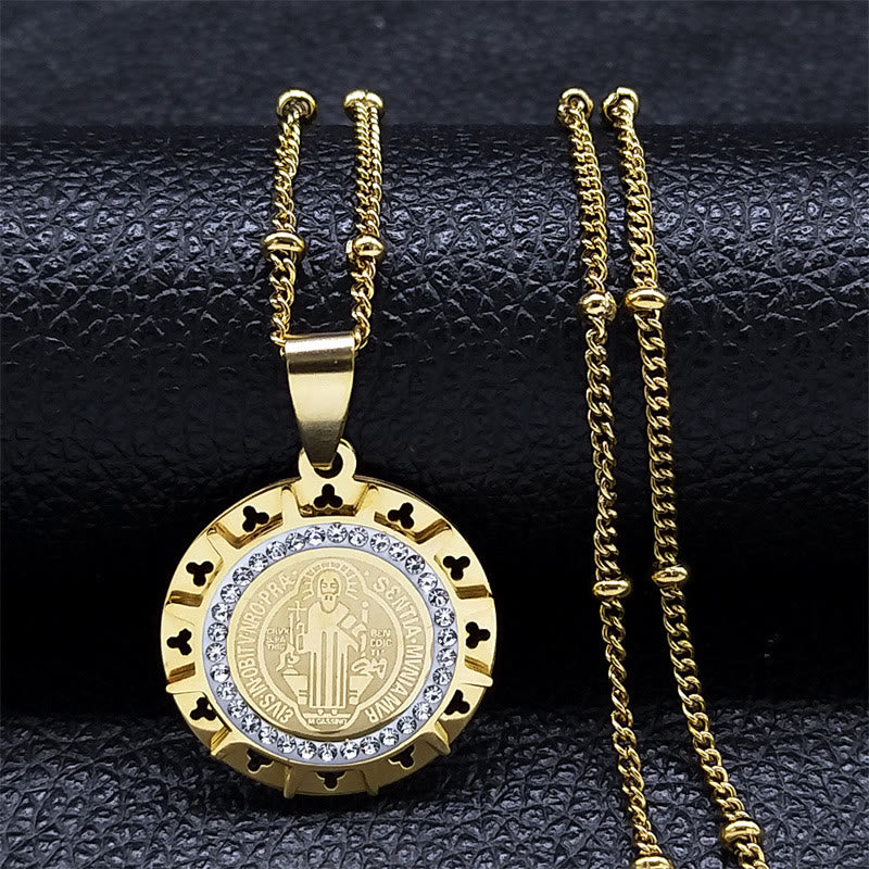 Retro Style Gem-set St. Benedict Medal Pendant Necklace - Golden - image 1