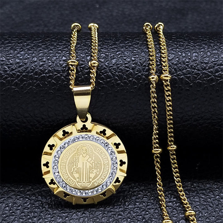 Retro Style Gem-set St. Benedict Medal Pendant Necklace - Golden - image 1