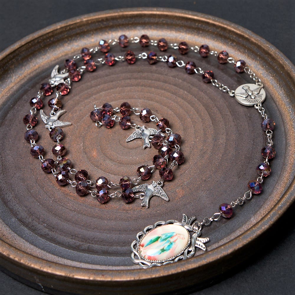 Holy Spirit & Our Lady of Grace of 6*8 mm Polyhedron Purple Crystal Alloy Chain Rosary - image 3