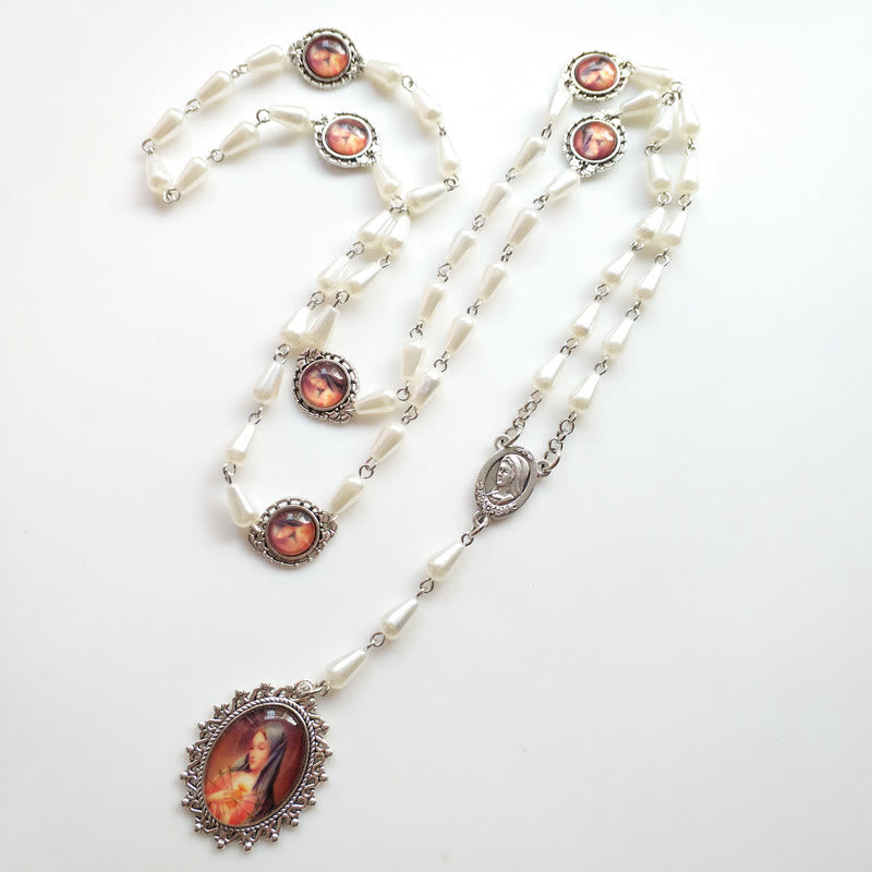 Christian Art Immaculate Heart of Mary of 5*10 mm Drop-shaped White Pearl Alloy Chain Rosary - image 4